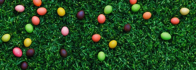 Colorful Easter eggs scattered on green grass (1)