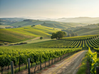 Naklejka premium Walking the Vineyard Row in Rolling Hills Under Sunny Sky