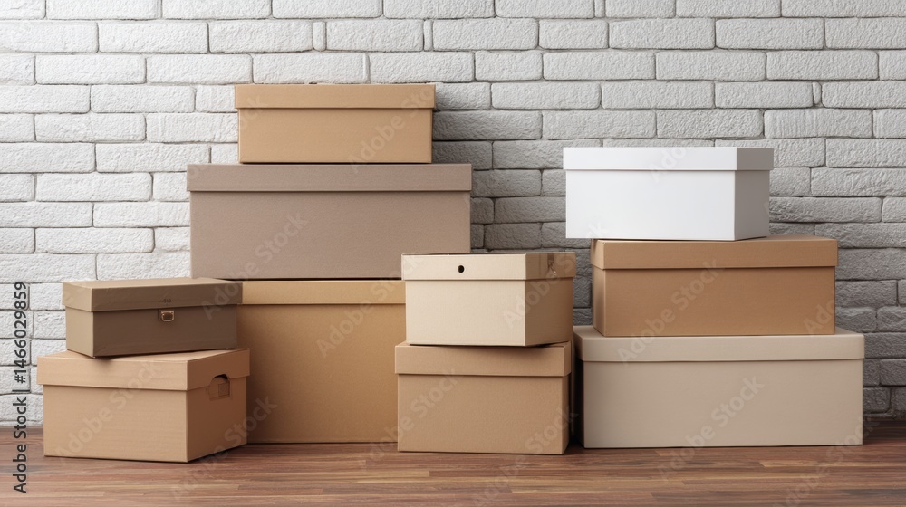 Poster stacked storage boxes arranged on wooden floor with empty space against brick wall in an organized s