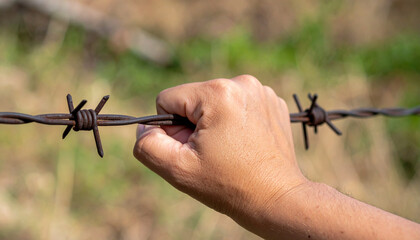 Close-up of a hand holding on to the barbed wire fence