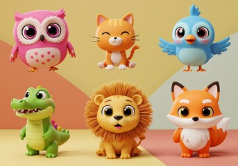Obraz premium Cute Cartoon Animals: Owl, Cat, Bird, Crocodile, Lion, Fox