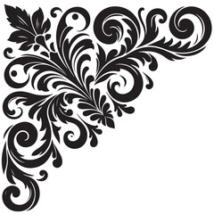 Elegant Black Floral Corner Ornament Vector Design with Vintage Swirl Patterns – Decorative Botanical Frame Element for Invitations, Tattoos, and Graphic Projects.
