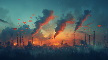 Obraz premium Industrial pollution, red hearts amidst smoke stacks at sunset.