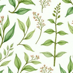 Fototapeta premium Seamless Botanical Pattern with Green Leaves and Hand-Drawn Floral Branches