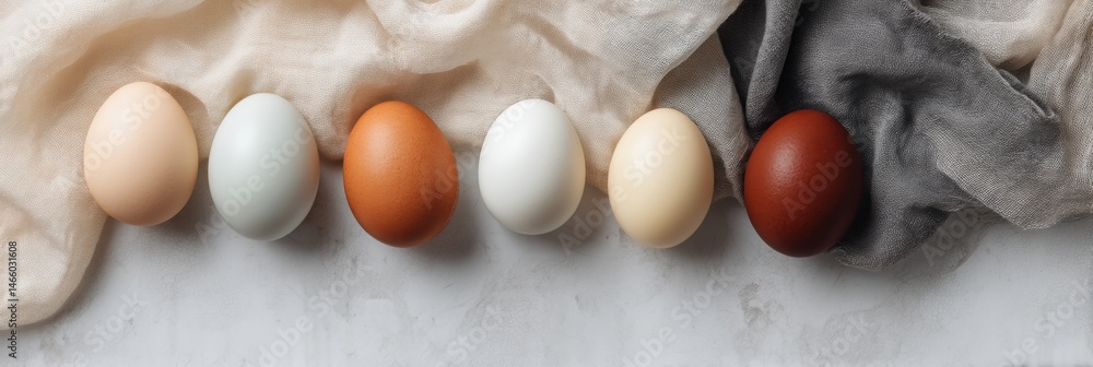 Poster modern food styling showcases six beautifully arranged eggs on marble with soft fabric generative ai