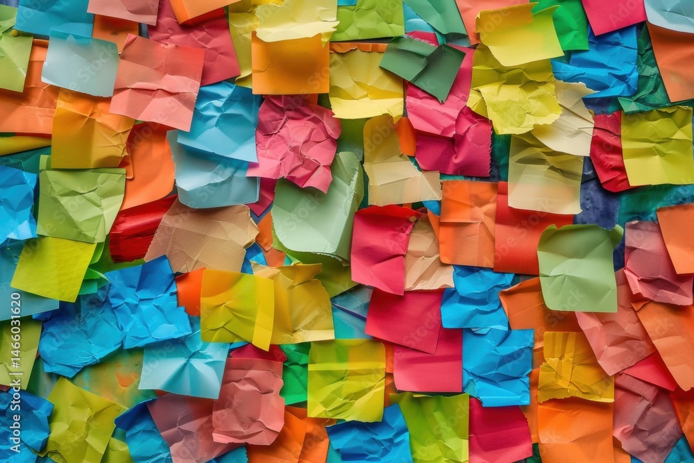 Poster creative brainstorming wall with multicolored sticky notes for idea generation and planning