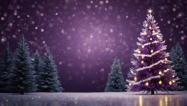 Create an a photo realistic purple christmas background with bokeh lights and christmas tree, New Year or x-mas purple banner bokeh background with room for text, Resolution 300dpi