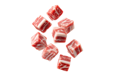 Floating pancetta bacon cubes, rich marbled texture with alternating layers of pinkish-red meat and creamy white fat, isolated on transparent background.