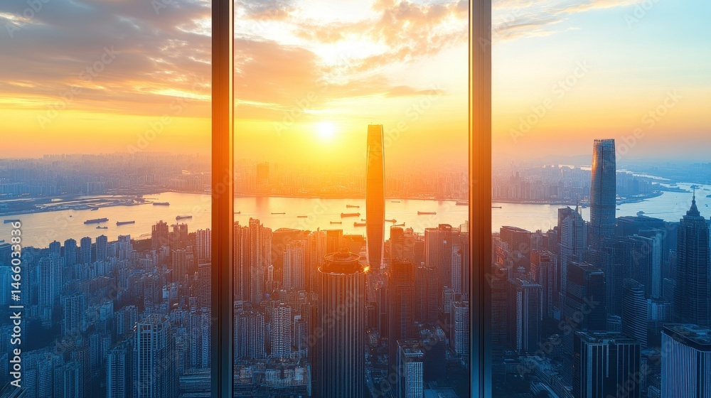 Poster sunset view from modern skyscraper on metropolis cityscape with