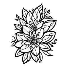 Detailed floral arrangement illustration, black lines on white background design
