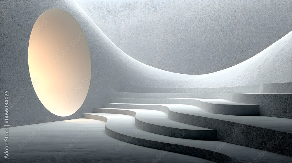 Poster abstract architectural design minimalist white concrete structure with curving steps and oval openin