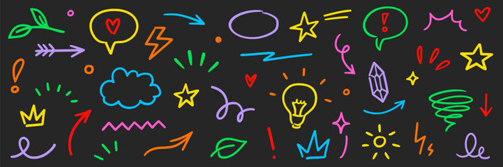 Line marker hand color brush icon set. Arrow sketch stroke underline pencil shape colorful highlight for text or design. Hand drawn star crown heart with playful doodle style. Vector illustration.