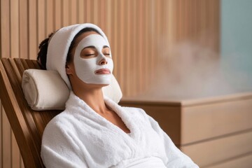 Woman relaxes with a facial mask, enjoying a spa treatment with steam.