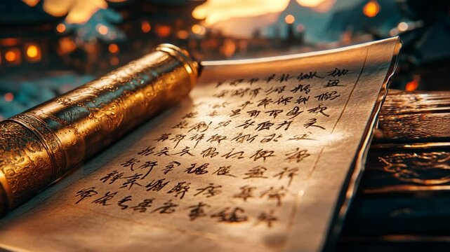 ancient Chinese scroll with blur ancient palace as background 