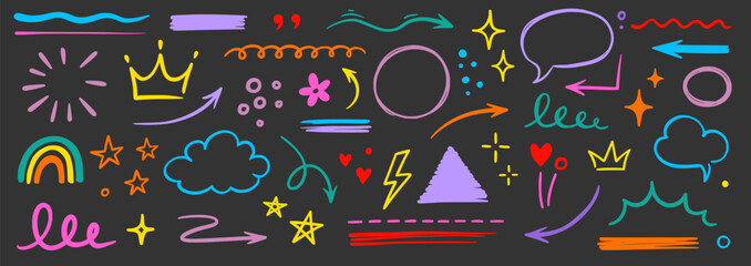 Obraz premium Line hand drawn brush marker underline, highlight, star element color kid set. Hand drawn sketch marker underline shape, arrow, star scribble brush pen stroke highlight element. Vector illustration