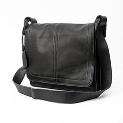 Naklejka premium Blank black leather shoulder bag isolated on white background, perfect for leather product catalogue