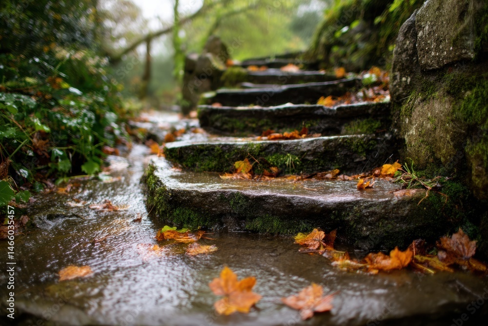Leinwandbilder stone steps adorned with cascading leaves under light rain in a serene natural setting generative ai