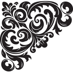 Elegant Black Floral Corner Ornament Vector Design with Vintage Swirl Patterns – Decorative Botanical Frame Element for Invitations, Tattoos, and Graphic Projects.