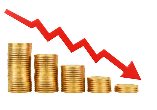 A red downward arrow overlays a series of stacked coins that decrease in size, isolated on white or transparent background. PNG, representing financial loss, economic downturn or shrinking investments