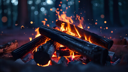 Fototapeta premium Soothing Campfire at Night – Glowing Embers & Tranquil Forest Vibes
