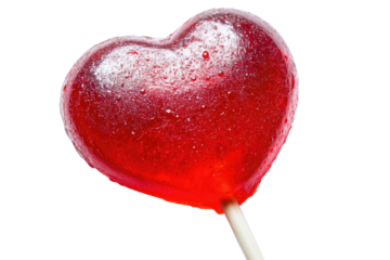 Red heart-shaped lollipop on a stick, glistening with moisture