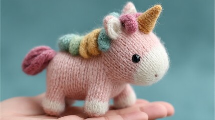 Pink knitted unicorn toy, multicolored yarn mane, held in hand against teal background, showcasing handmade craft, ideal for children's products or fantasy themes