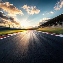 Empty race track at sunset, perspective of the asphalt racing strip stretching into the distance.  Dramatic clouds and light rays illuminating the 