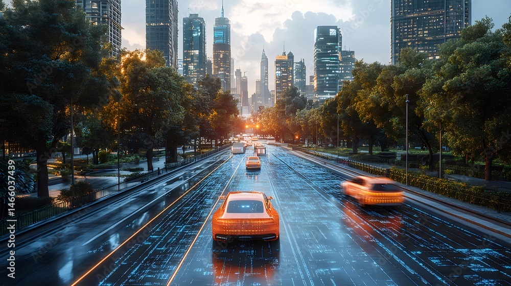Aufkleber 雨の日に光るオレンジ色の車が都市の通りを走る様子 未来的な高層ビルと緑豊かな並木道が背景にある交通風景