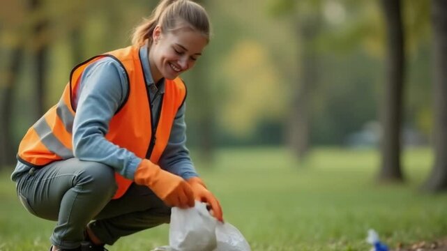 Volunteer Collecting Trash in Park with Safety Gear