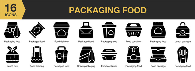 Packaging Food solid icon set. Includes box, grocery, plastic, paper, supermarket, store, and More. Solid icons vector collection.