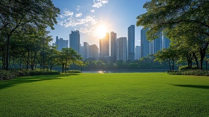 Obraz premium Downtown city skyline with modern high-rise buildings and urban green park under a bright blue sky 