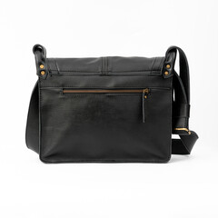 Blank black leather shoulder bag isolated on white background, perfect for leather product catalogue