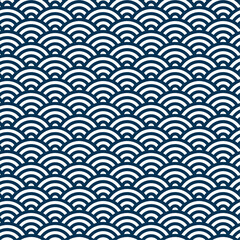 Seigaiha seamless Japanese traditional pattern. Repeating wave motif in navy blue for textile, background, kimono, and decoration design