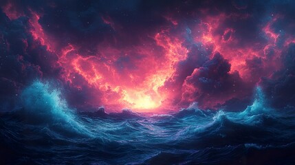 Dreamlike glowing ocean storm with crashing waves in vivid neon hues 