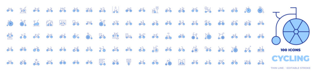 100 Cycling Icons Collection. Line Duotone style, editable stroke. award, bicycle, bike, tandem, tricycle, electricbike, bycicle, cycle, cyclerickshaw, cycling, biking