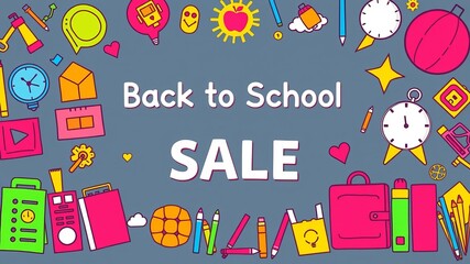Vibrant back to school sale banner design featu colorful school supplies and playful icons perfect for advertising promotions.