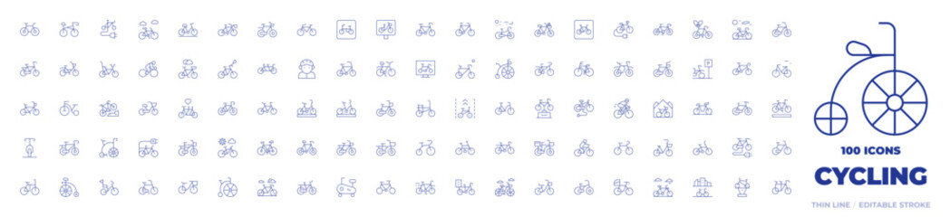 100 Cycling Icons Collection. Thin line icon. Editable stroke. bike, bicycle, bike lane, award, bycicle, tricycle, tandem, mountain bike, eco friendly, biking