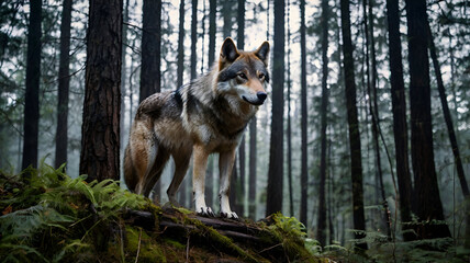 "Crystal wolves with data-fire eyes guarding the secrets of a forgotten forest-tech shrine"


