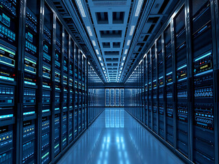 Futuristic data center with symmetrical server racks, glowing blue lights, advanced cooling, cloud infrastructure, and high-speed digital network