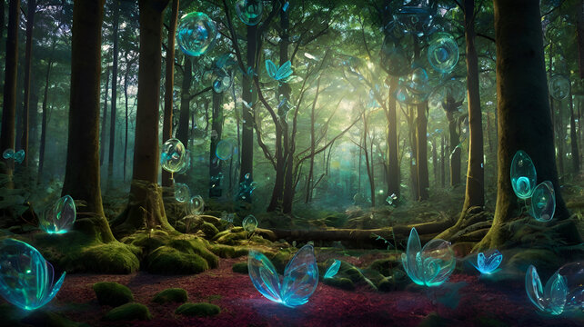 "A dreamlike enchanted forest viewed through augmented reality lenses, blending magic and machine"



