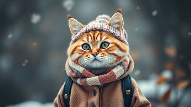 An adorable ginger cat wea a warm winter hat scarf and backpack stares intently into the snowy forest.