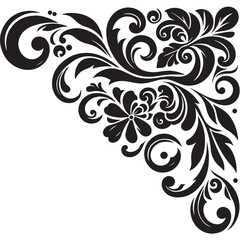 Elegant Black Floral Corner Ornament Vector Design with Vintage Swirl Patterns – Decorative Botanical Frame Element for Invitations, Tattoos, and Graphic Projects.