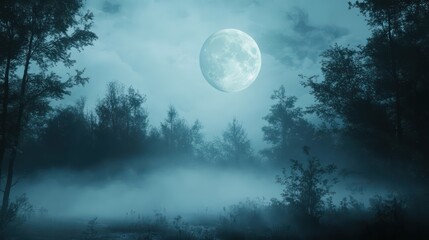 Naklejka premium Night scene moon over forest