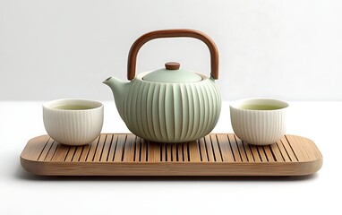 Teapot with wooden handle sits alongside two tea filled cups on a bamboo tray