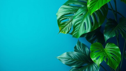 Fototapeta premium Lush vibrant green monstera deliciosa leaves against a bright turquoise blue background create a tropical summer vibe perfect for design projects.
