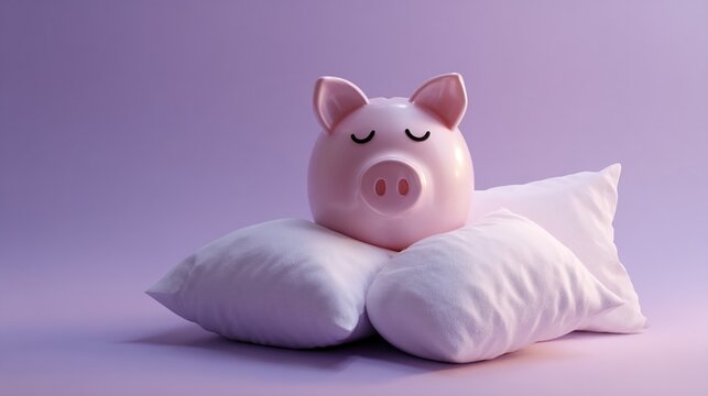 Pink piggy bank resting on two white pillows against a lilac background, showcasing a concept of financial rest or saving for the future