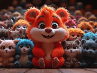 Adorable orange bear surrounded by smaller, colorful furry creatures