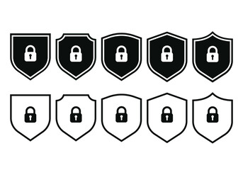 Shield Protection approve sign. Set of Safety shield lock icon symbol. Shield with padlock.  icon set. Vector shield for patch, insignias, safety and protection sign.