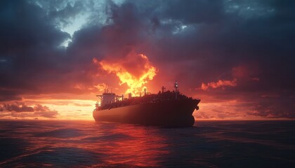 Fototapeta premium Large Tanker Ship Silhouette at Fiery Sunset on Ocean - Maritime Shipping