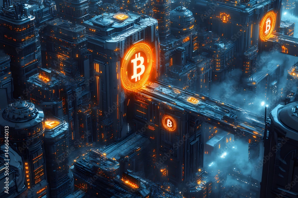 Aufkleber オレンジ色のビットコインシンボルが照らされた青色の近未来都市の3Dレンダリング 暗い背景に輝く幾何学的な建物と橋の上のサイバーパンクな都市景観